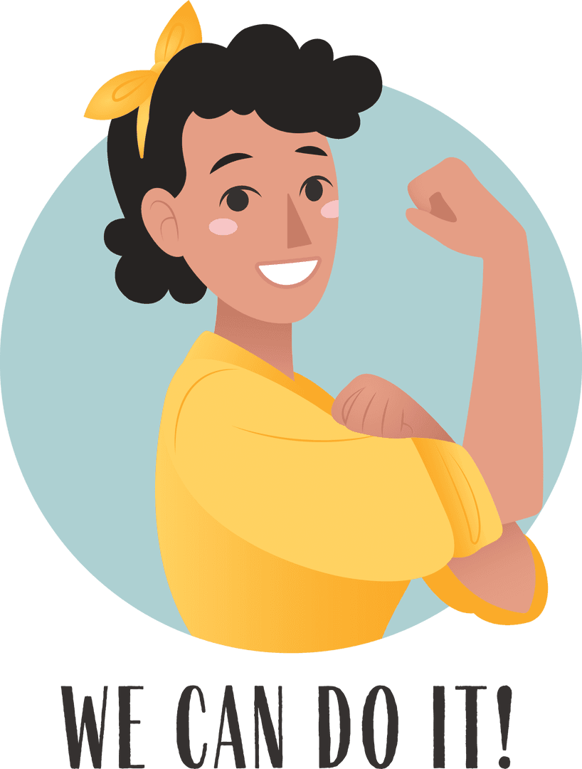 Transparent Motivational Feminism Art: Smiling Woman Flexing Bicep