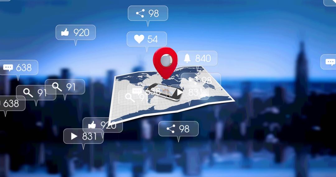 Social Media Iconography Floating Over Global Map and Cityscape