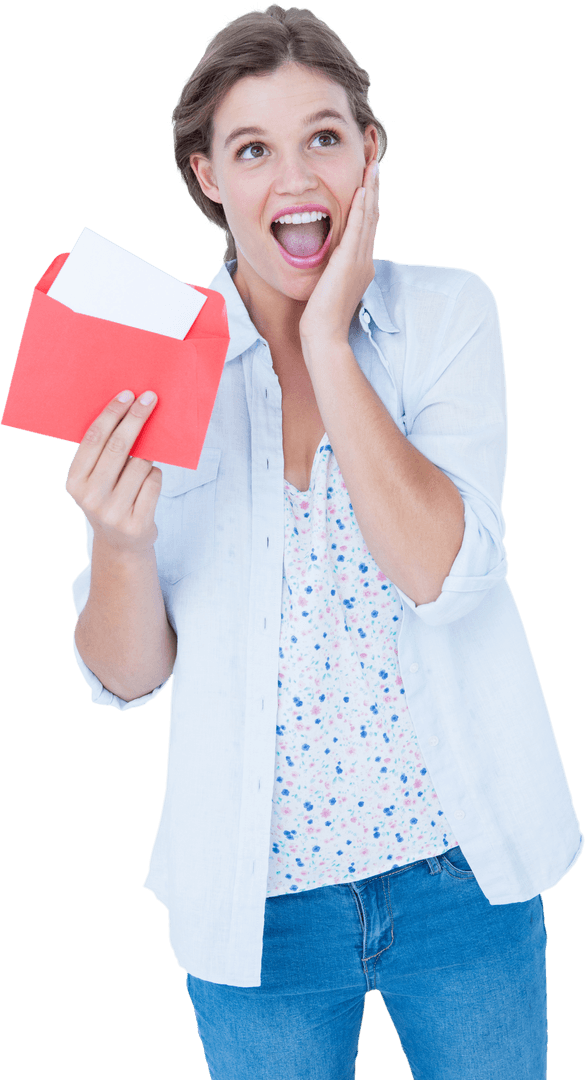 Transparent Smiling Woman Holding Red Envelope and Letter