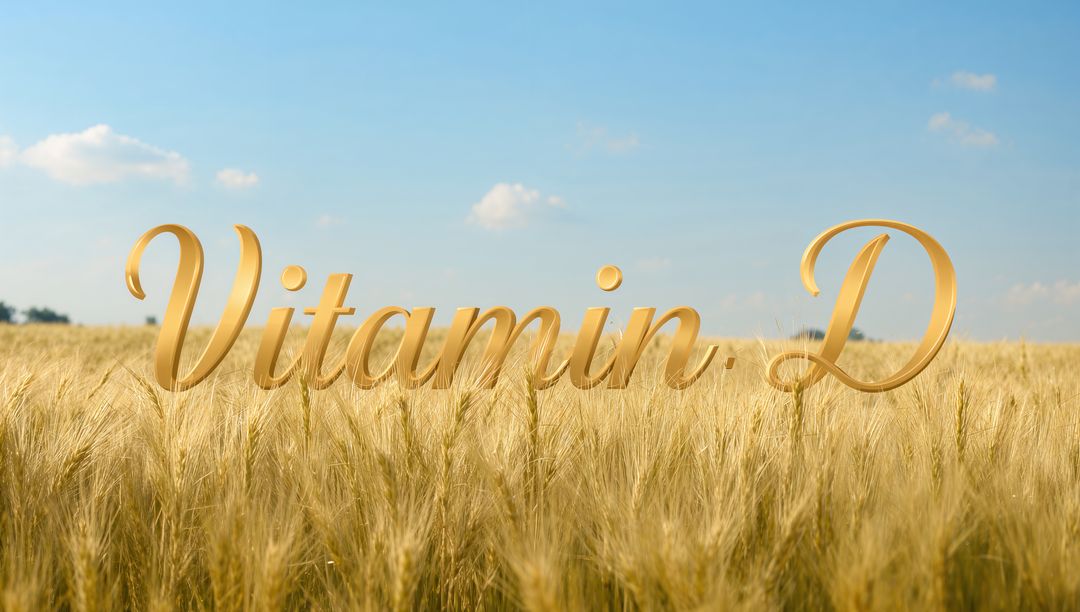 Golden Vitamin D Script Floating Over Sunlit Wheat Field Under Blue Sky