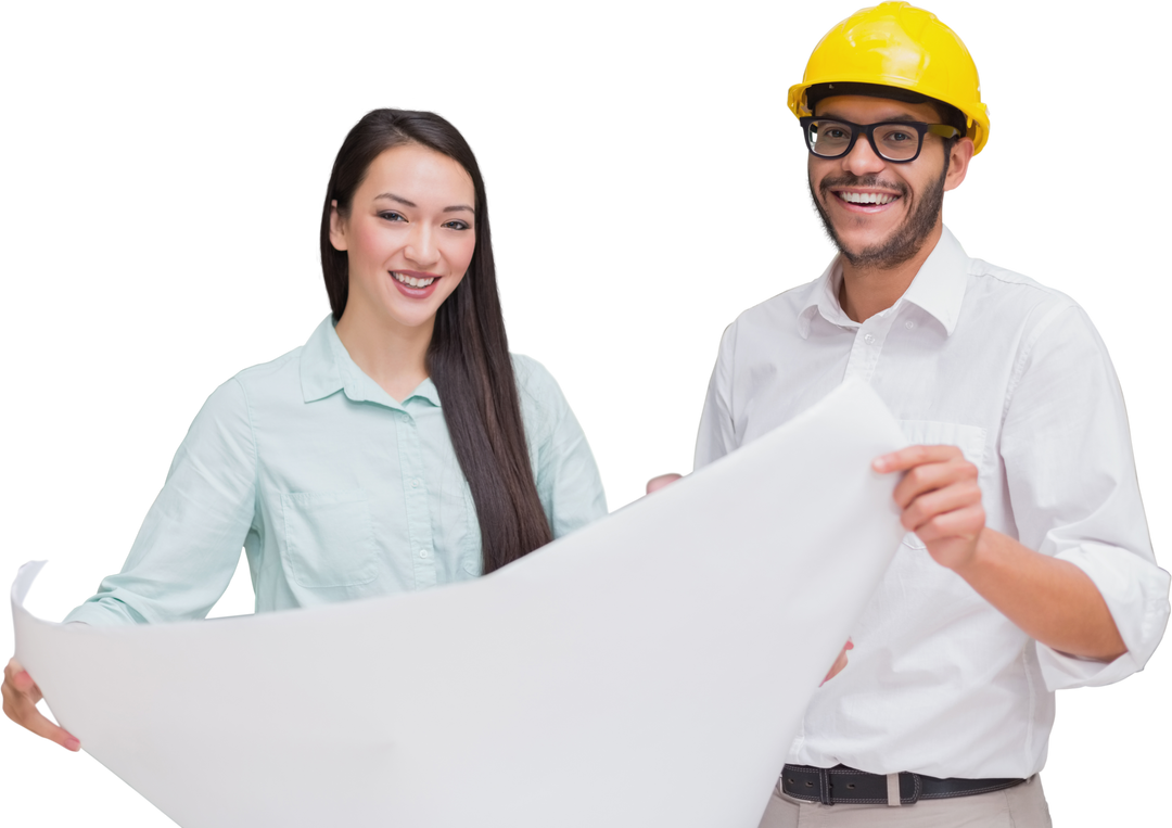 Smiling Engineers Holding Blueprints on Transparent Background - Download Free Stock Images Pikwizard.com