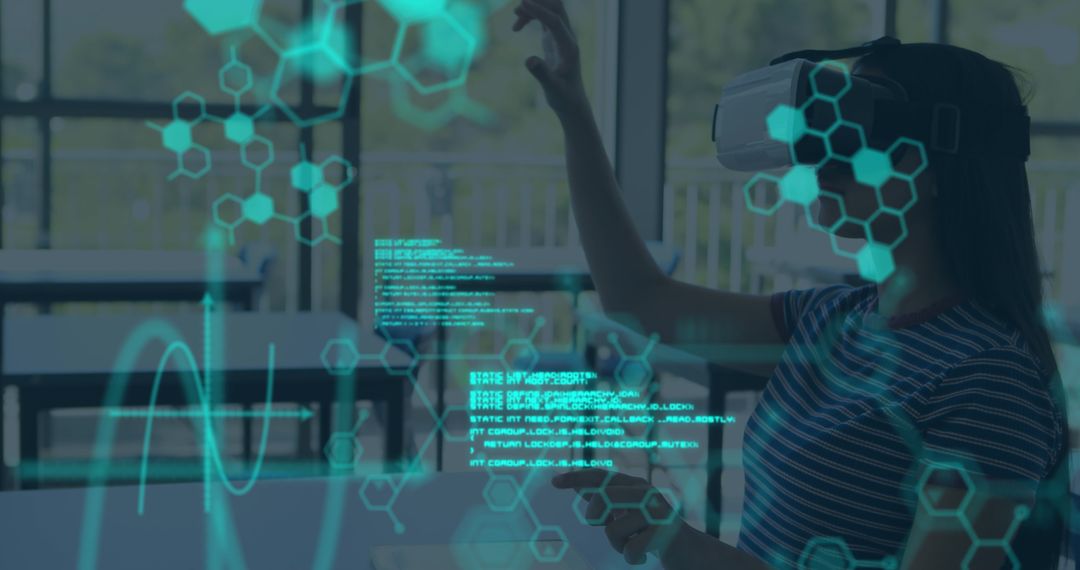 Woman Engaged in Virtual Reality with Digital Data Overlay