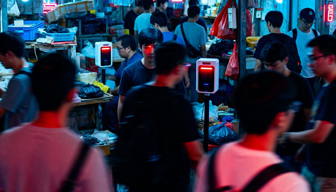Neon Night Market Surveillance: Crowd Passing Biometric Scanners with Red Laser Beams