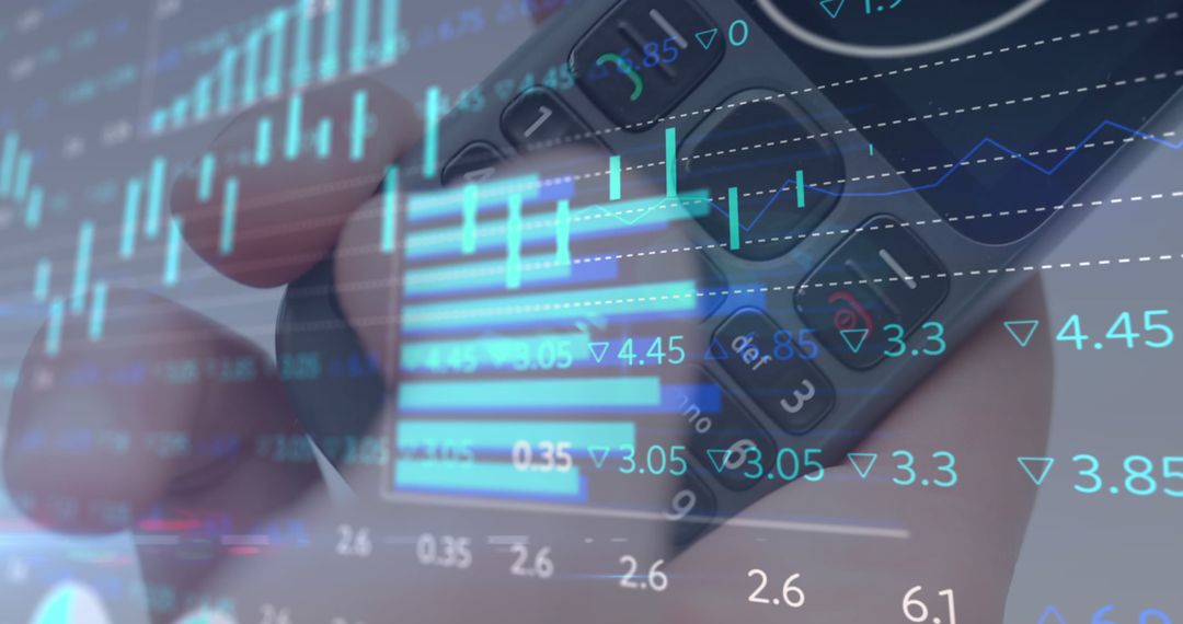 Hand with Phone Overlaid with Stock Data and Charts