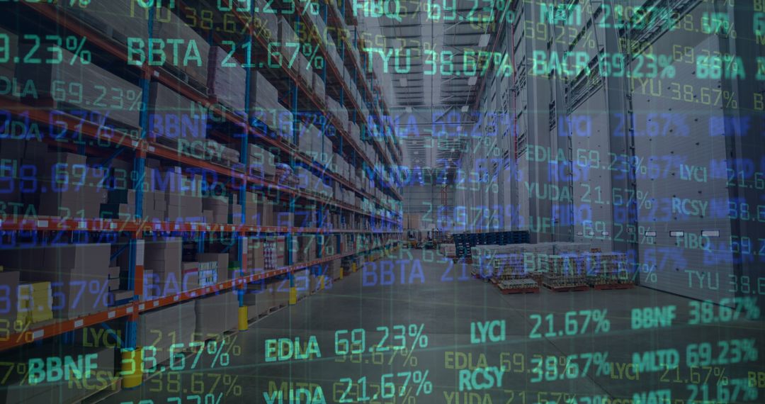 Warehouse with Digital Data Overlay Indicating Global Shipping Trends