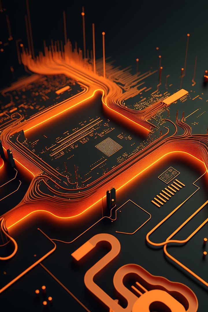 Image of 3d computer circuit board and orange light trails on dark background - Free Images, Stock Photos and Pictures on Pikwizard.com