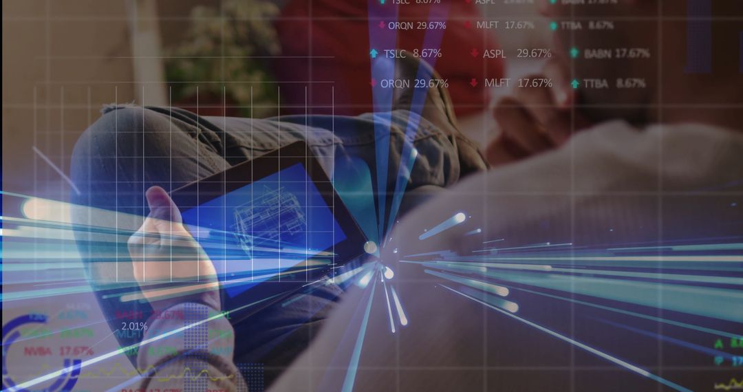 Asian Man Analyzing Blueprint on Tablet with Data Overlays