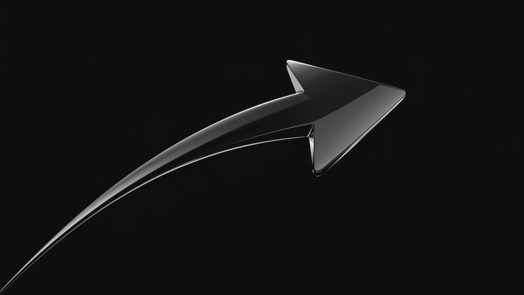 Sleek metallic curved arrow with reflective finish on black background