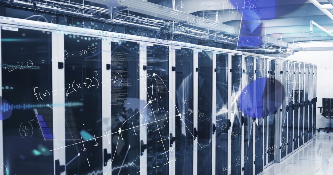 Modern Data Processing Concepts in Secure Server Room with Mathematical Graphics - Free Images, Stock Photos and Pictures on Pikwizard.com