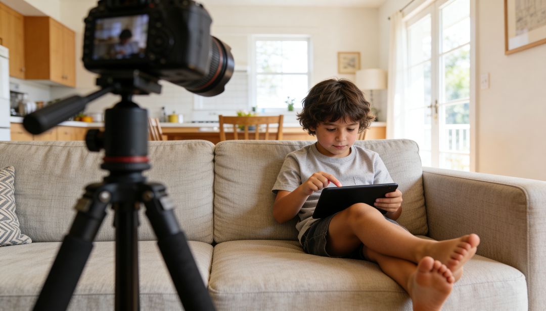 Child using tablet on sofa while DSLR on tripod records home learning and creative play
