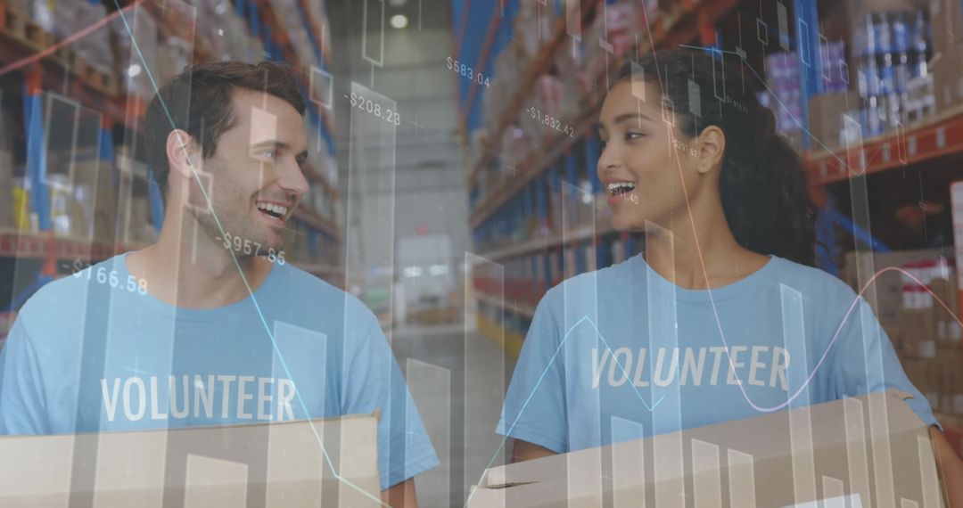 Volunteers Smiling in Warehouse with Data Overlay