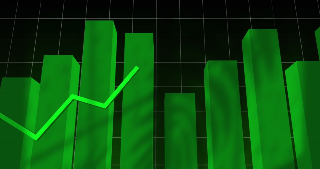 Rising Green Bar Graph and Line Chart on Black Grid Background