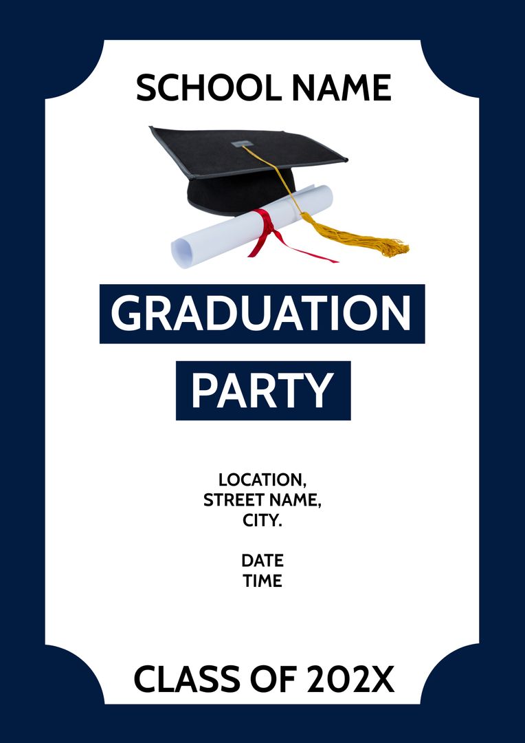 Graduation Party Invitation Template with Mortarboard and Diploma