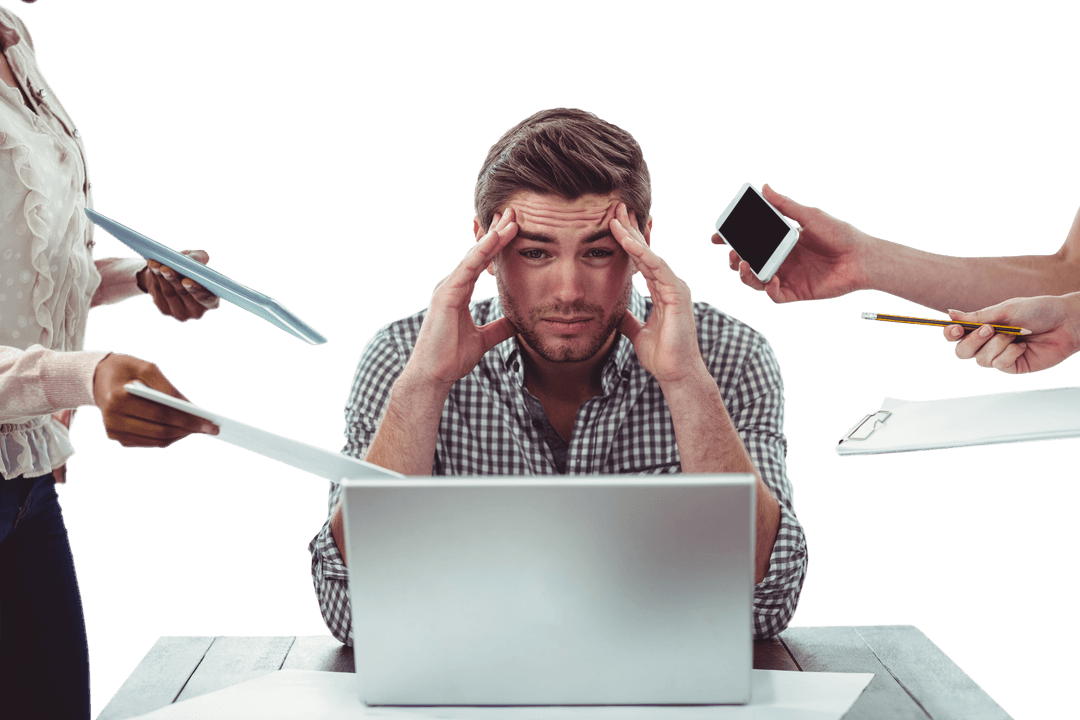 Transparent Office Setting: Overwhelmed Businessman at Work