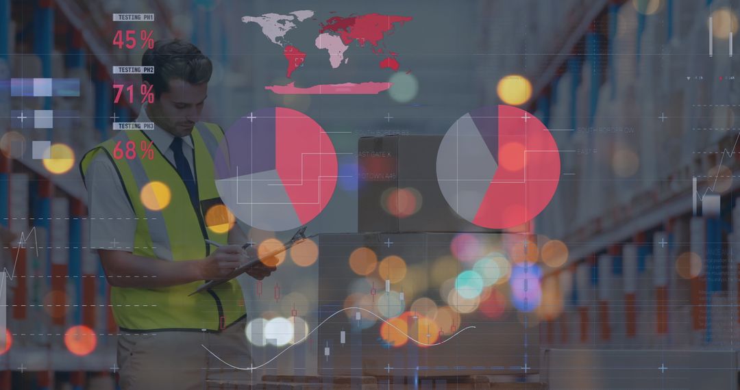 Warehouse Worker Analyzing Digital Financial Data and Graphs