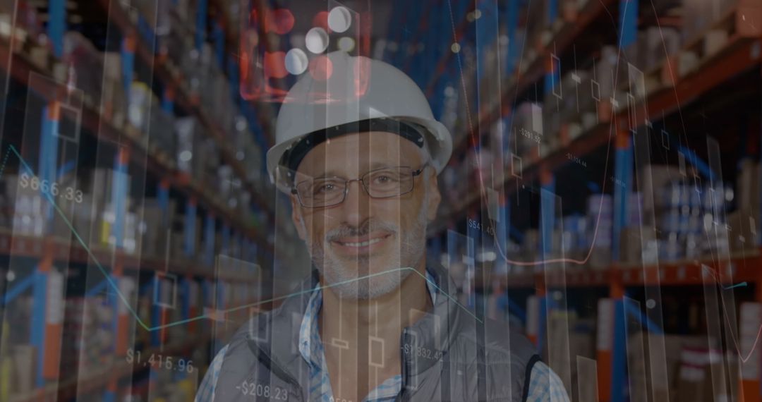 Warehouse Worker and Financial Data Overlay, Symbolizing Logistics and Trade