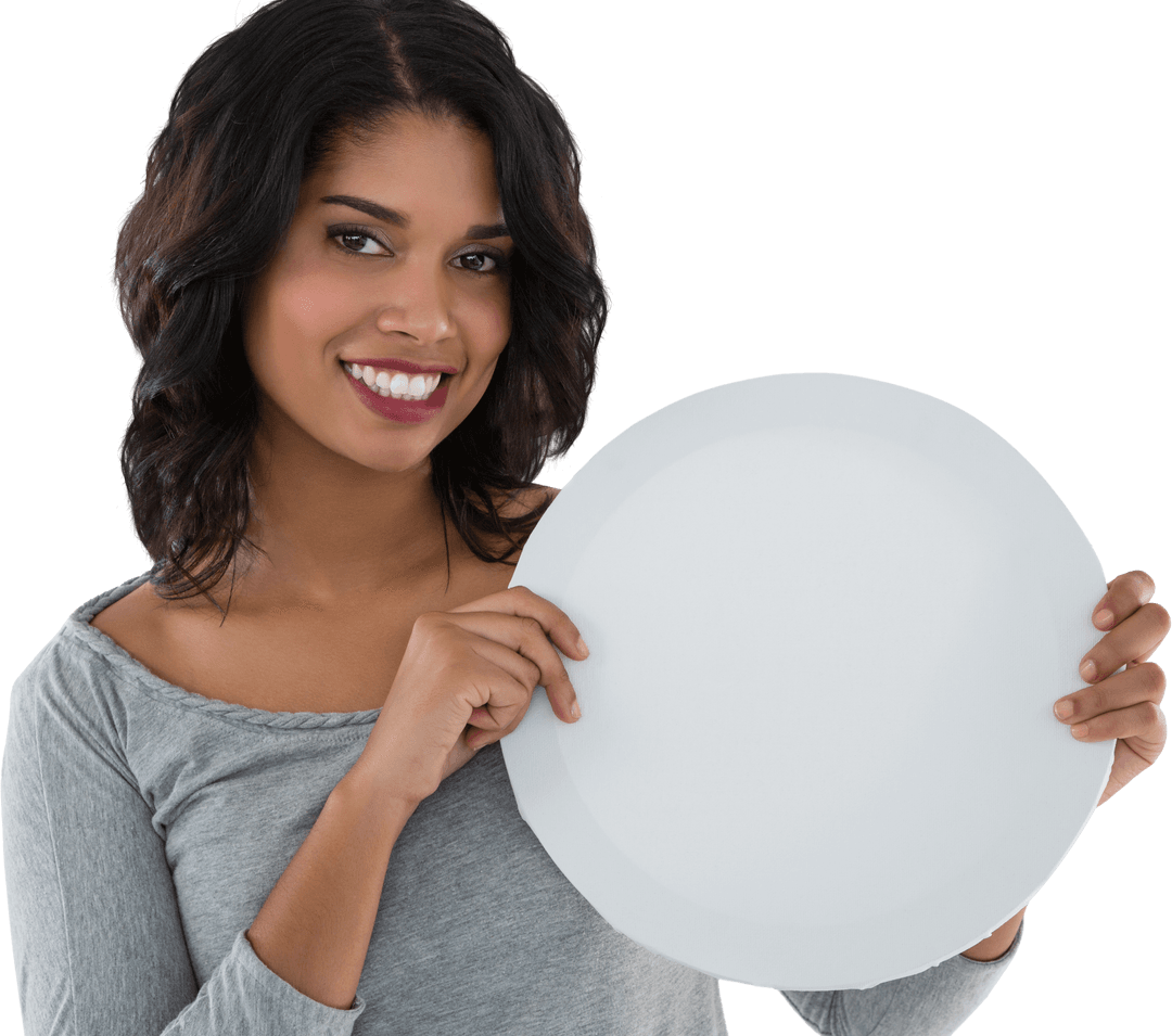 Smiling Woman Holding Blank Circle Transparent Placard