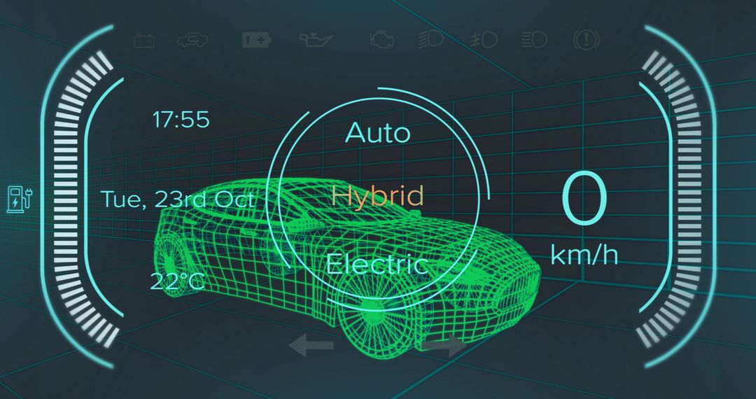 Futuristic Digital Automotive Dashboard Interface with Sedan Wireframe