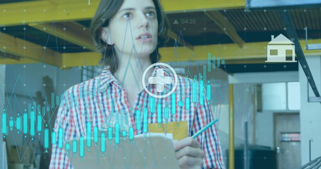 Female Carpenter Analyzing Data with Digital Interface