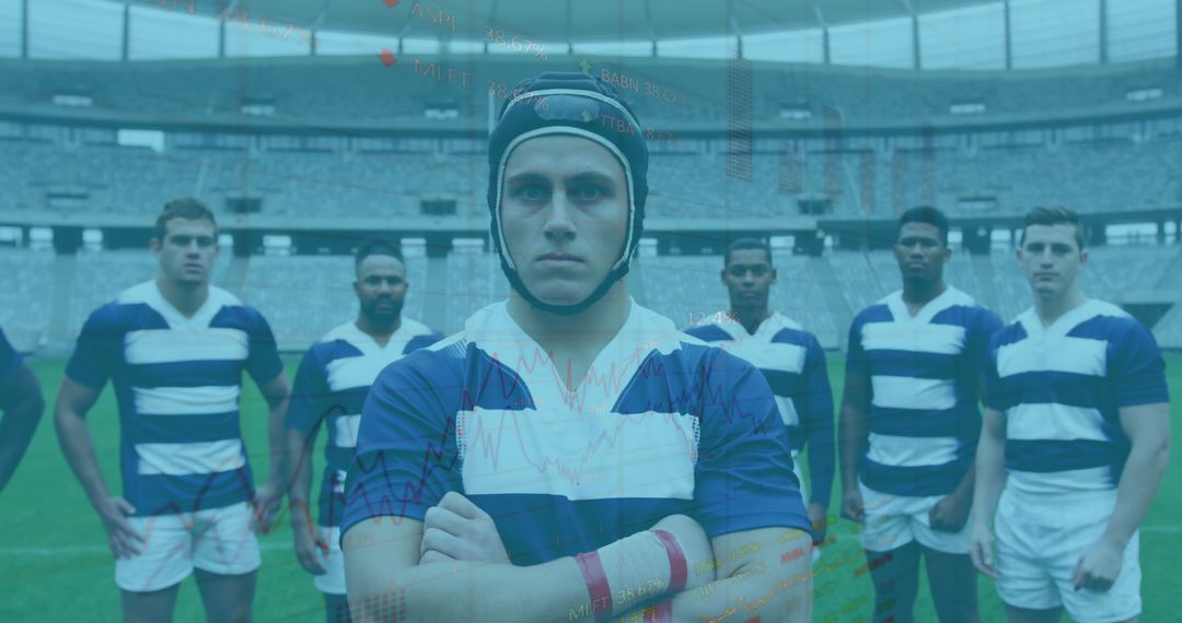 Diverse Rugby Team with Futuristic Digital Overlay in Stadium