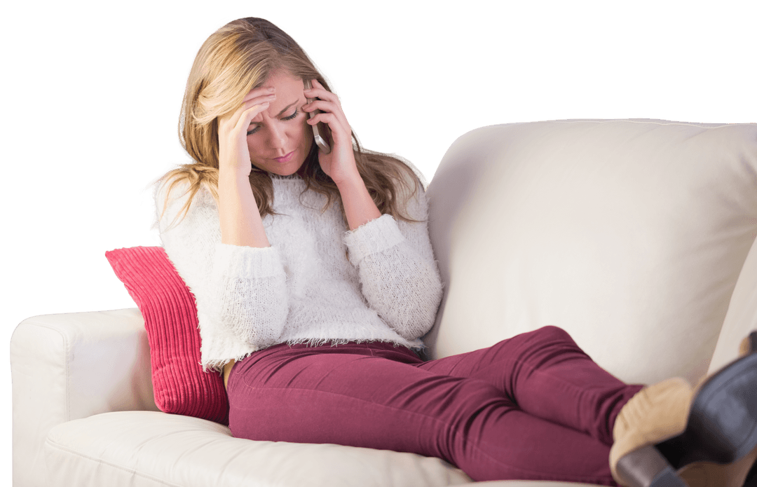 Transparent Relaxed Woman Experiencing Headache on Couch with Phone in Hand