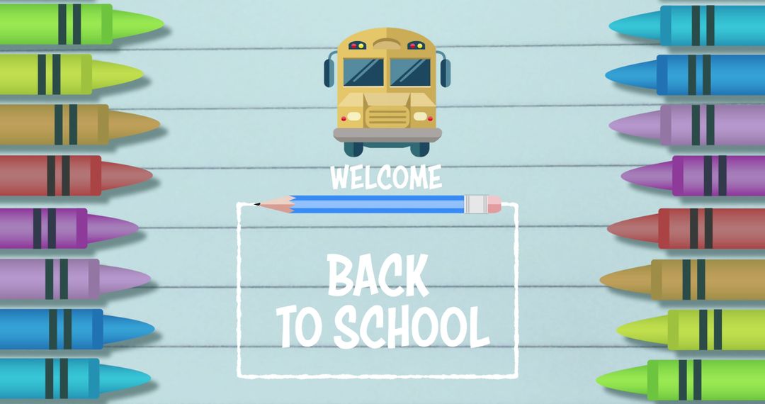 Back to school welcome banner with crayons and school bus graphic