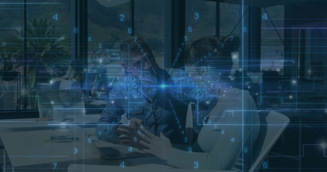 Collaborating professionals analyzing data on laptop with futuristic HUD overlay