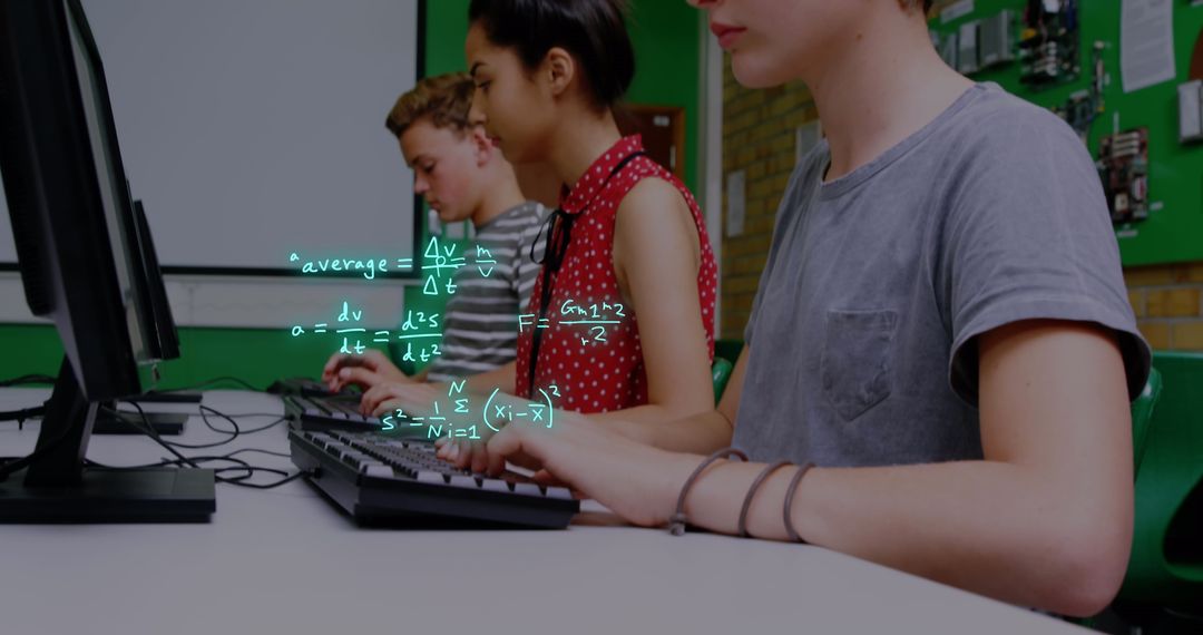 Diverse Students Solving Equations on Computers in Classroom