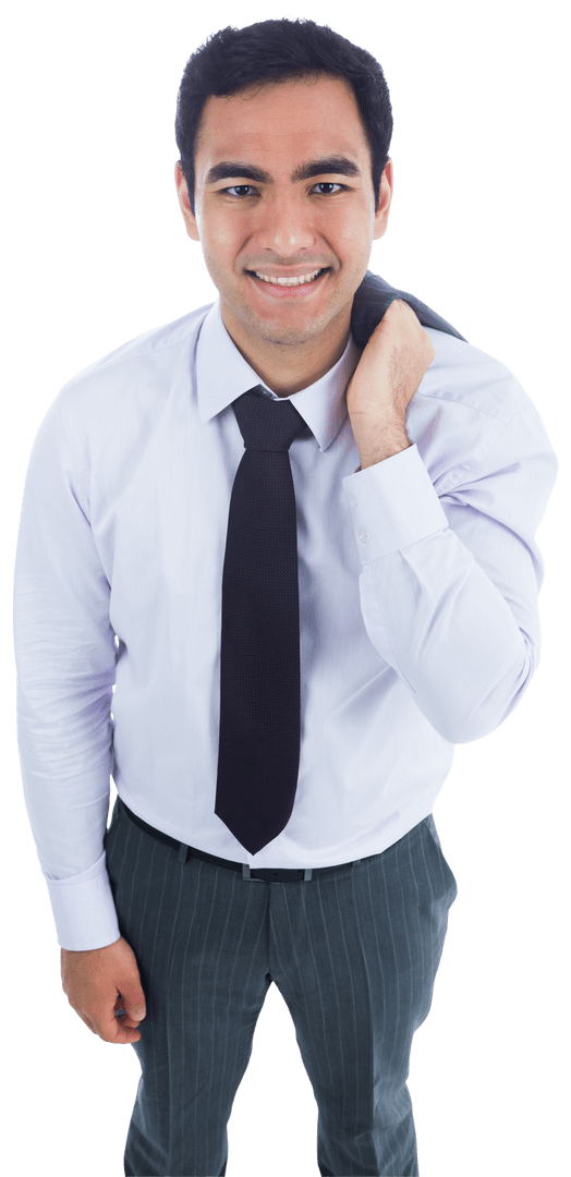 Smiling Biracial Businessman Holding Jacket Transparent Background