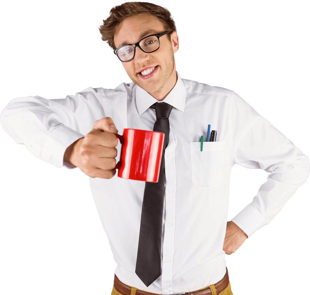 Cheerful Businessman Holding Red Mug With Transparent Background