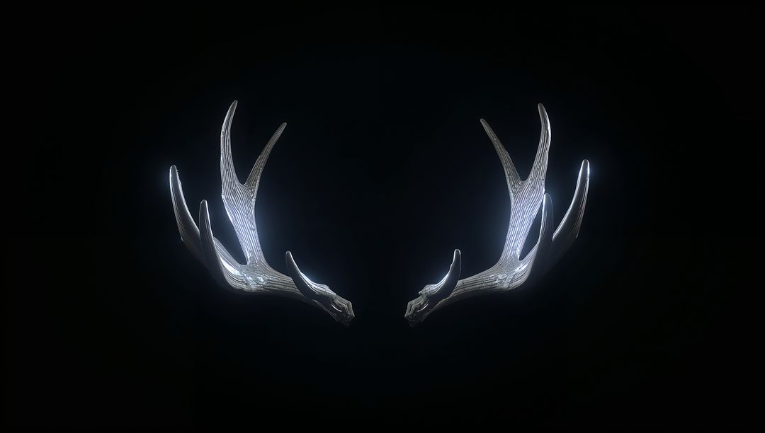 Glowing Deer Antlers Floating in Dark Minimal Display with Halo Lighting and Symmetry