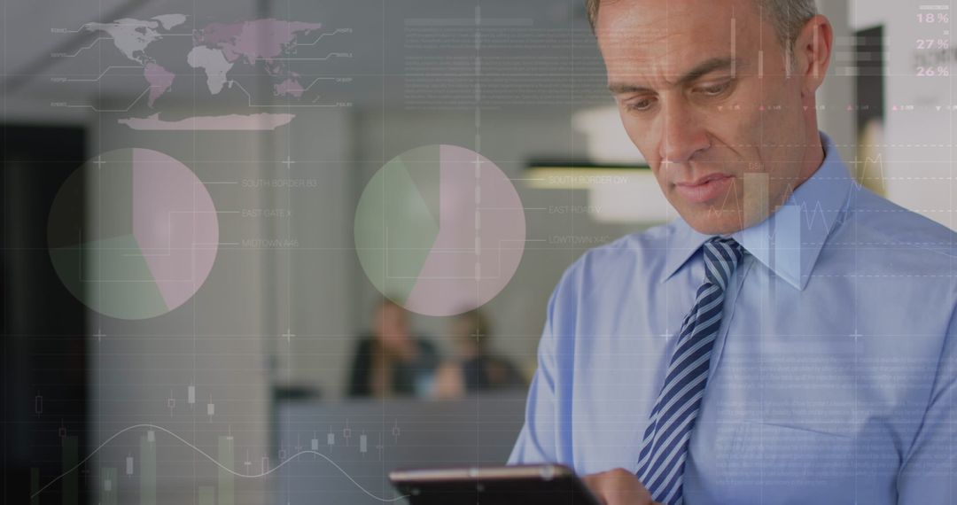 Businessman Using Smartphone for Financial Data Analysis at Work