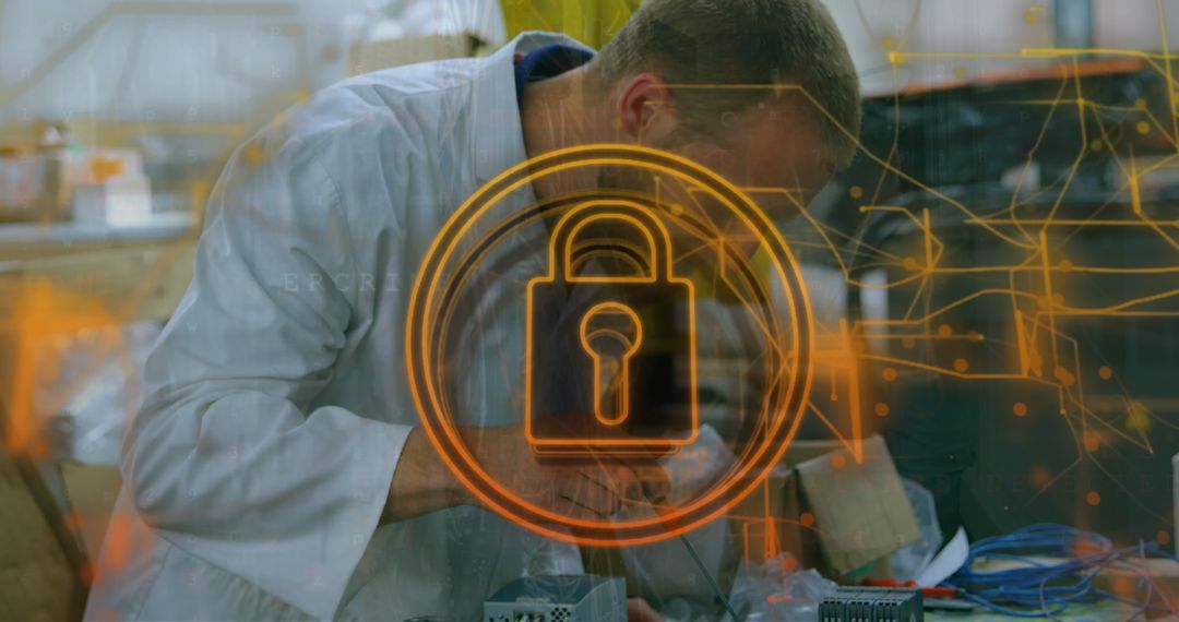 Image of security padlock icon over caucasian male engineer working on electric circuit board - Free Images, Stock Photos and Pictures on Pikwizard.com