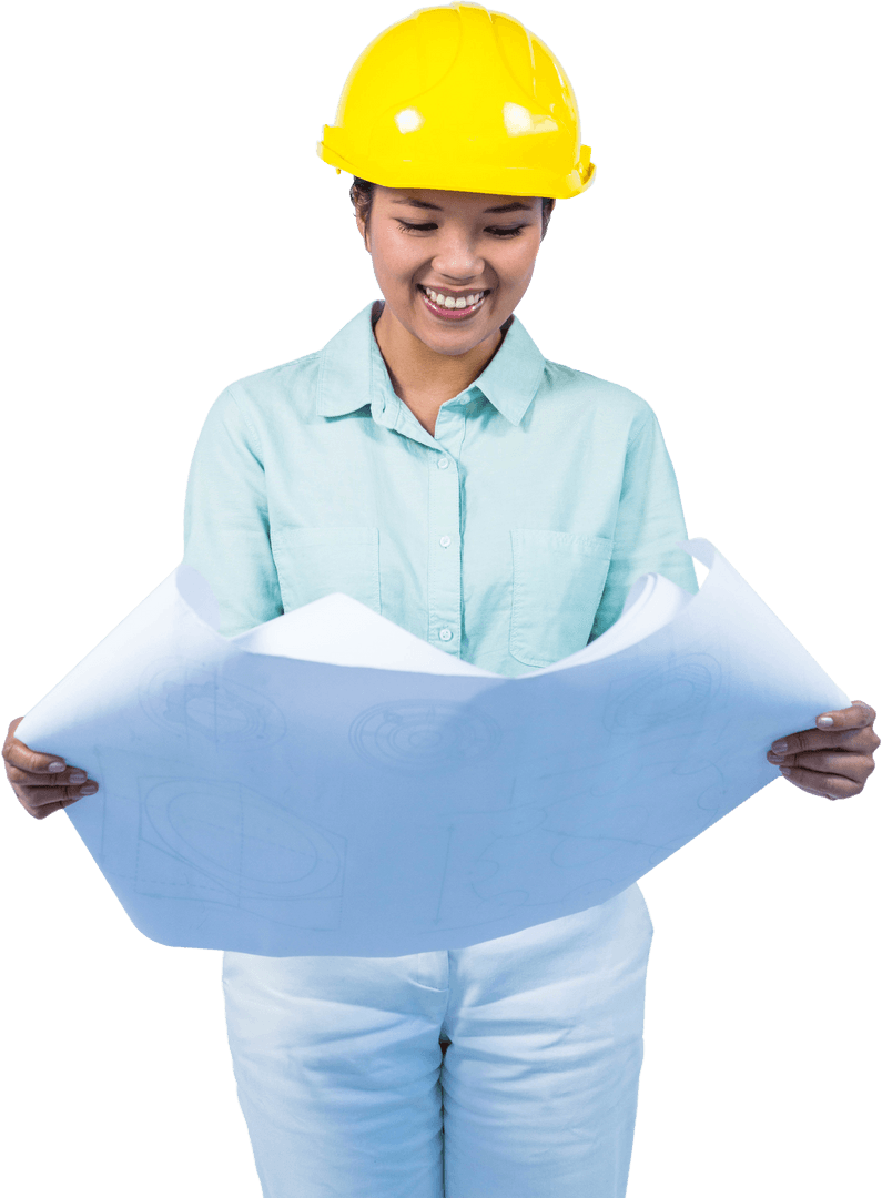 Transparent Architect Reviewing Blueprints in Yellow Safety Helmet