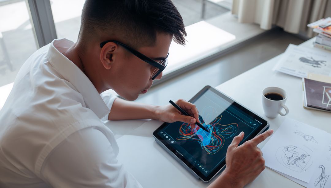 Teen drawing digital illustration on tablet using stylus at desk with sketches and coffee