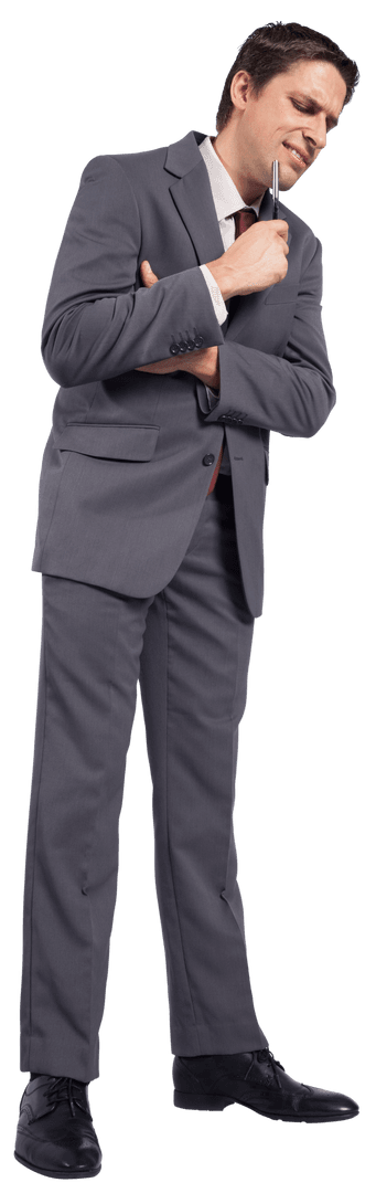 Transparent Businessman Pondering with Pen in Gray Suit