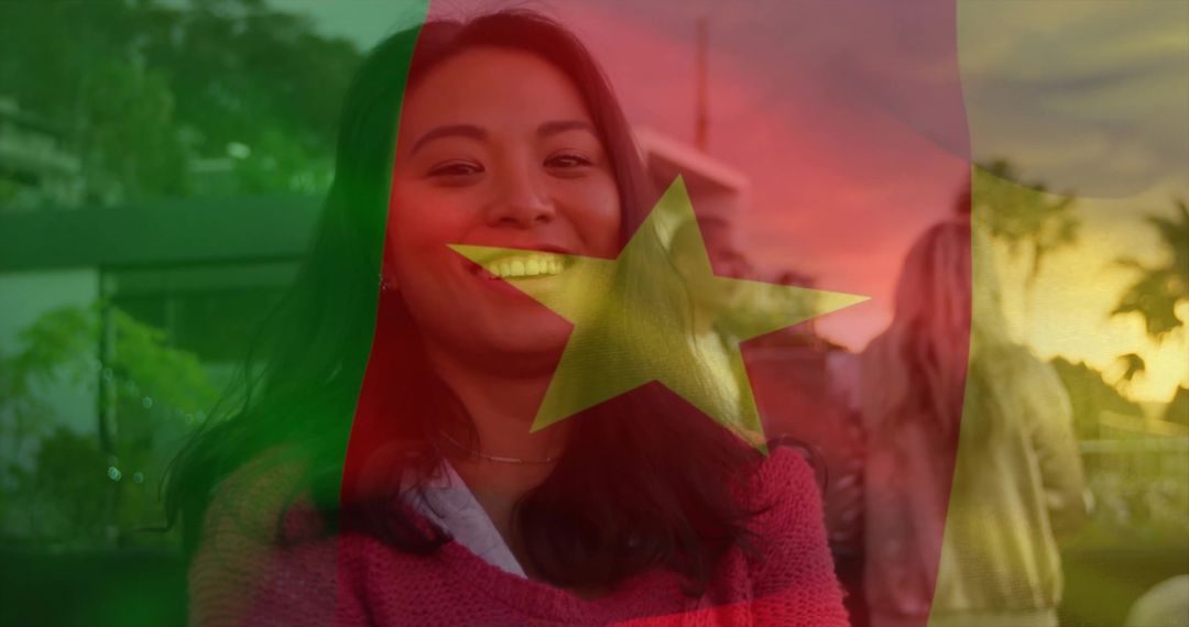 Smiling Woman at Outdoor Evening Gathering with Overlay Flag