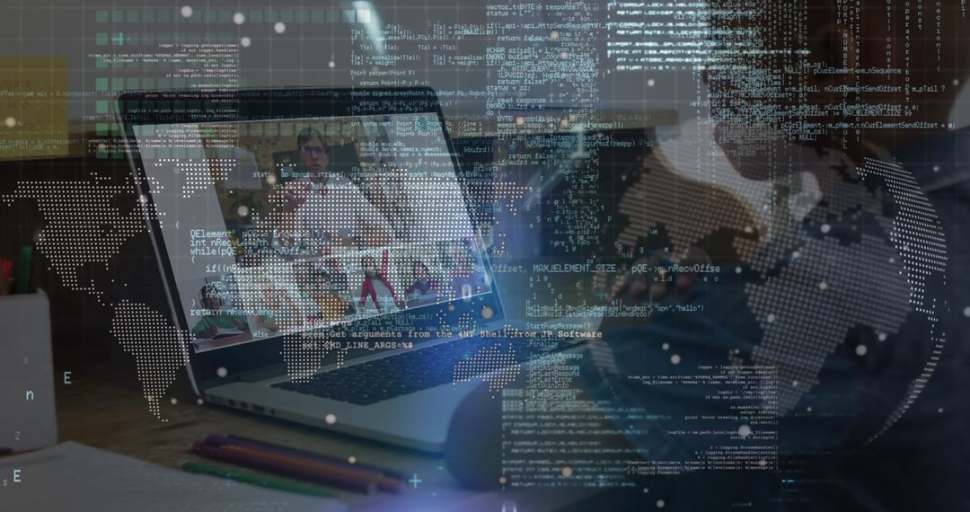 African American Boy Taking Online Lessons with Virtual Globe and Data Overlay