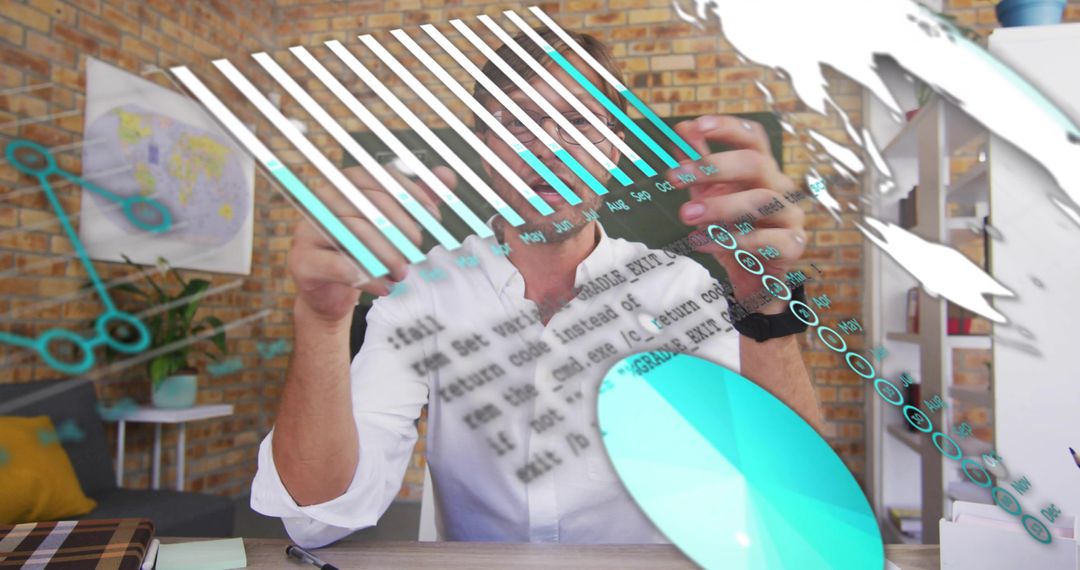 Man interacting with holographic data dashboard and turquoise charts in modern home office