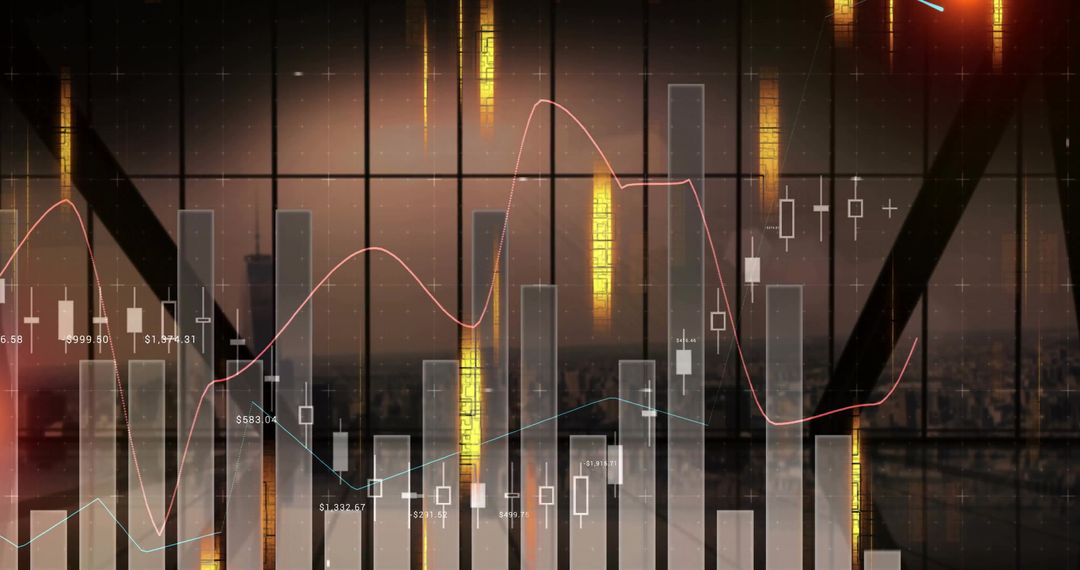 Futuristic Market Data with Candlestick Chart in Urban High-Rise