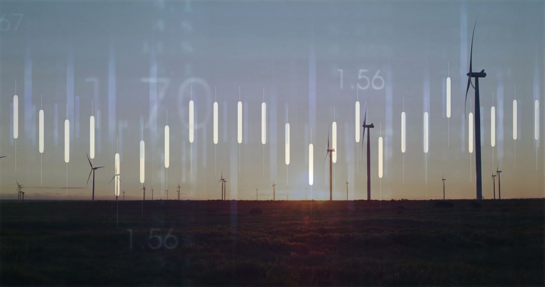 Wind Turbines at Sunset with Overlay of Numeric Charts on Renewable Energy Data