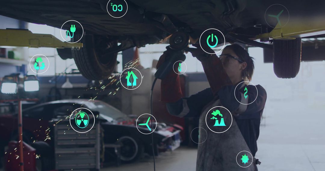 Mechanic Operating Angle Grinder with Digital Icons Overlayed