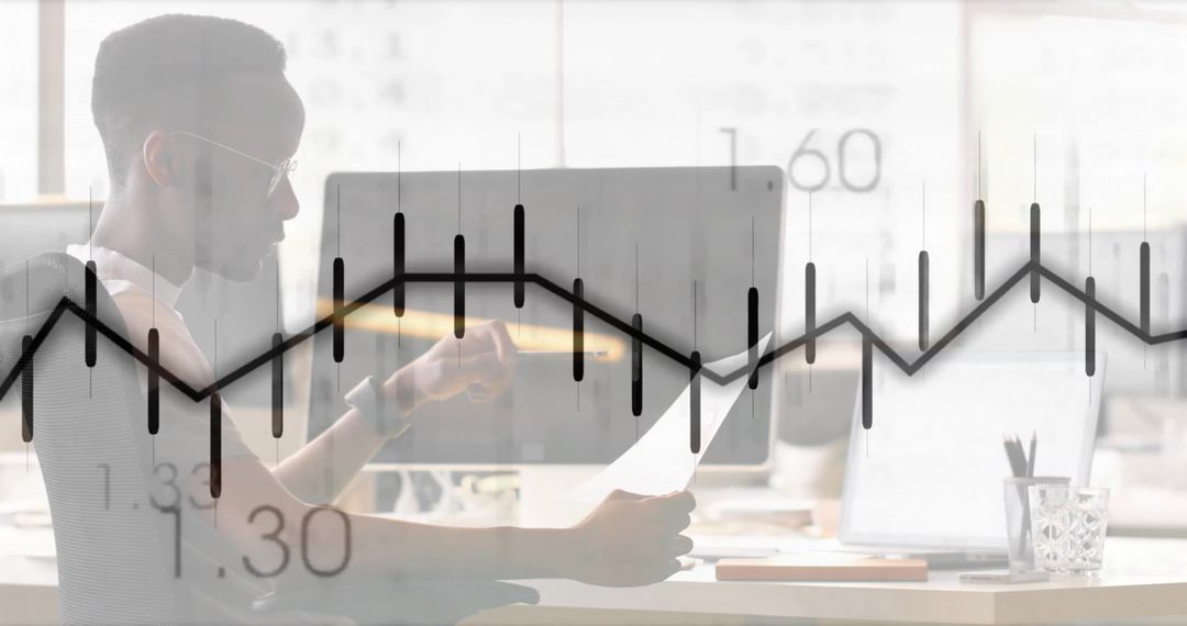 Business Professional Analyzing Financial Document with Graph Overlay