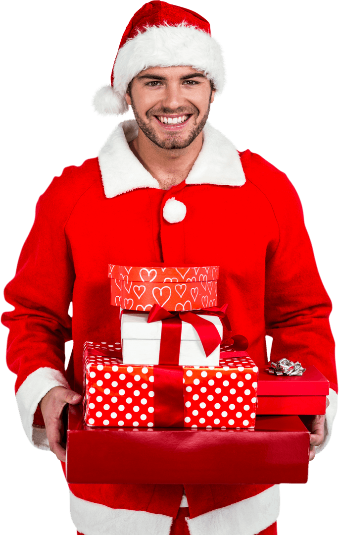 Joyful Santa with Colorful Gift Boxes Transparent Background