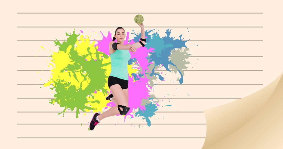 Dynamic Female Handball Player Against Colorful Splashes