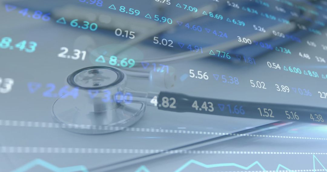 Healthcare financial analytics concept with stethoscope and stock market data