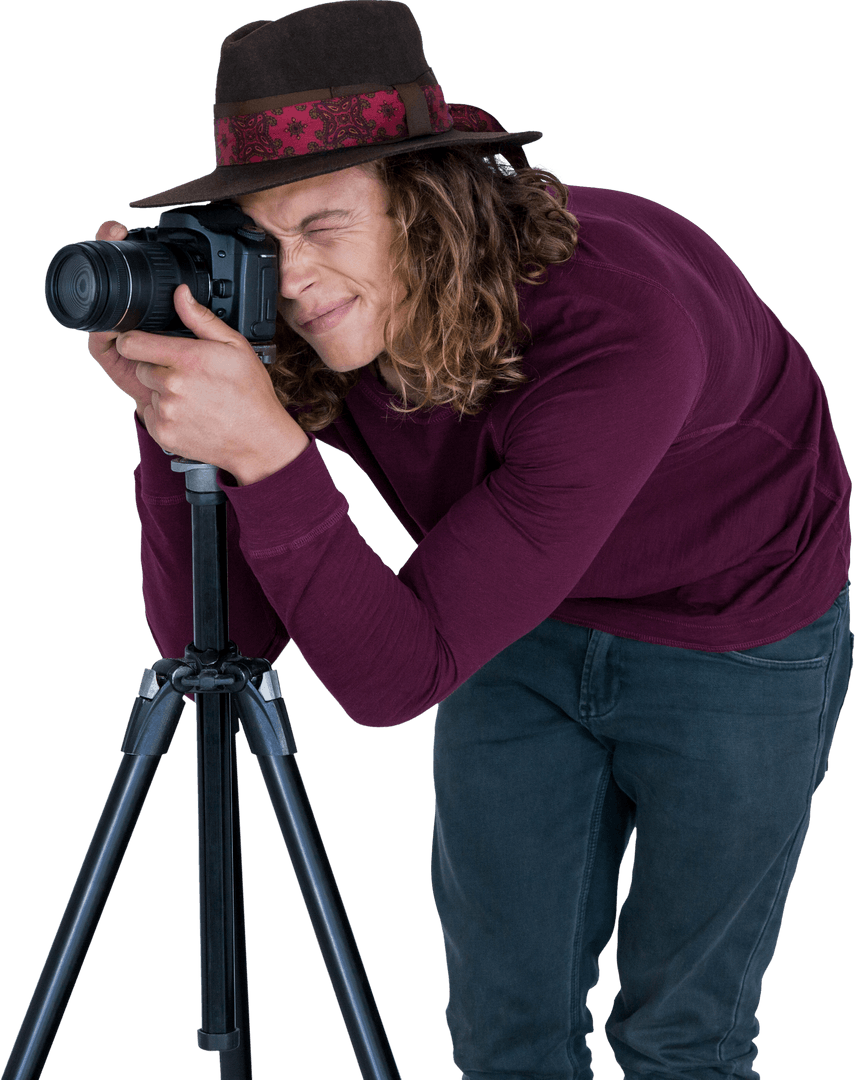 Young Photographer Using Digital Camera on Tripod Transparent Background