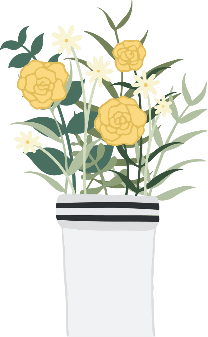 Striped Pot with Yellow Roses and Daisies on Transparent Background