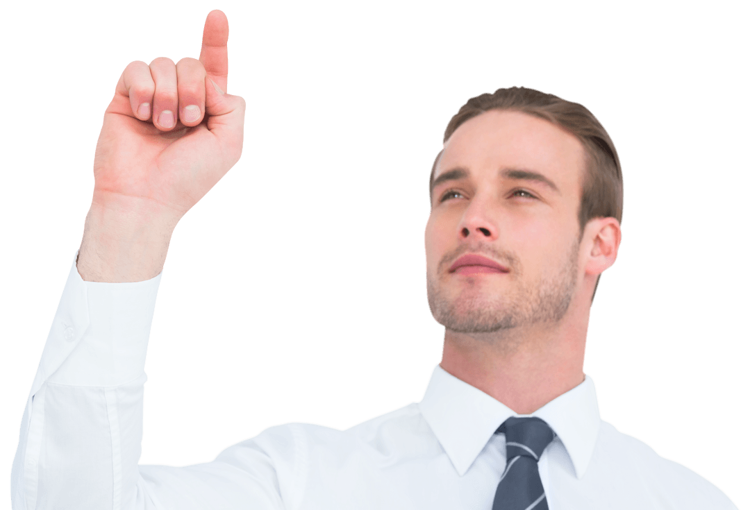 Transparent Businessman Pointing Upward Confident Gesture