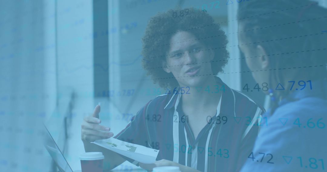 Coworkers Discussing Sales Revenue in Office with Transparent Fiscal Data